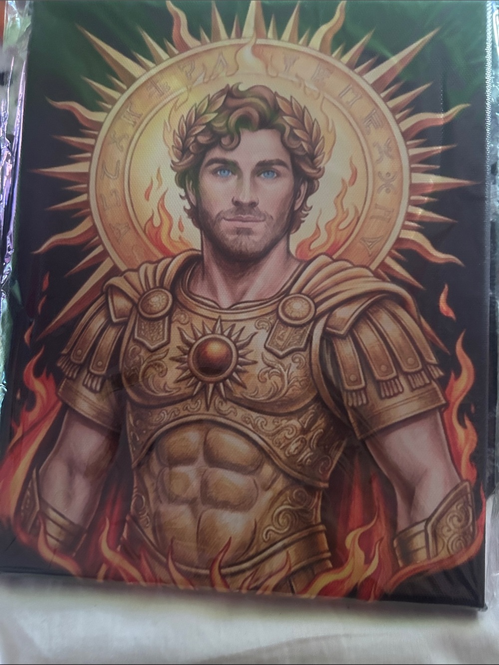 Sun God Warrior Canvas Art Print - Gold and Orange